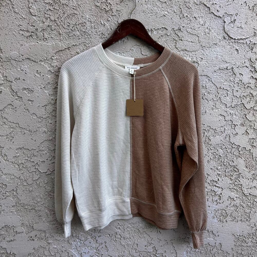 NWT Blu Pepper Tan Thermal Knit Pullover Sweatshirt Oversized S